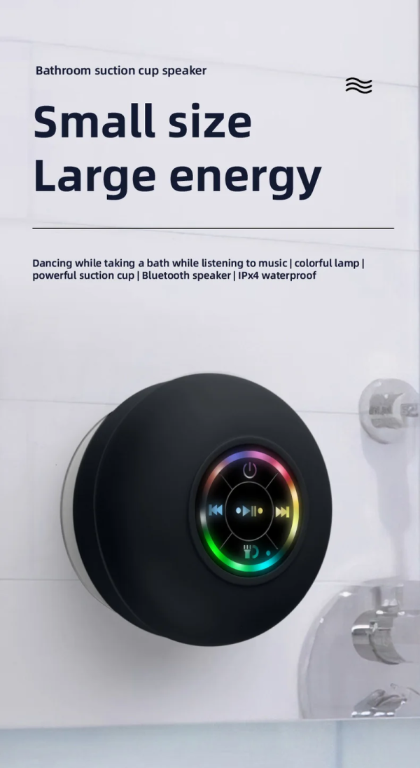 Portable Waterproof Bluetooth Shower Speaker with LED Lights – 3D Stereo Surround and Suction Cup for Ultimate Sound Experience - Image 2